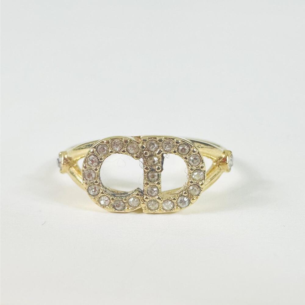 Dior Gold Tone CD Logo Crystal Ring Size 5.5 Womens Cocktail Jewelry Designer